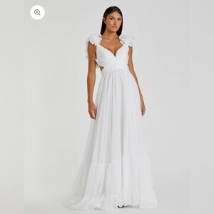 NWT Mac Duggal White Ruffle Tiered Cut-Out Chiffon Gown